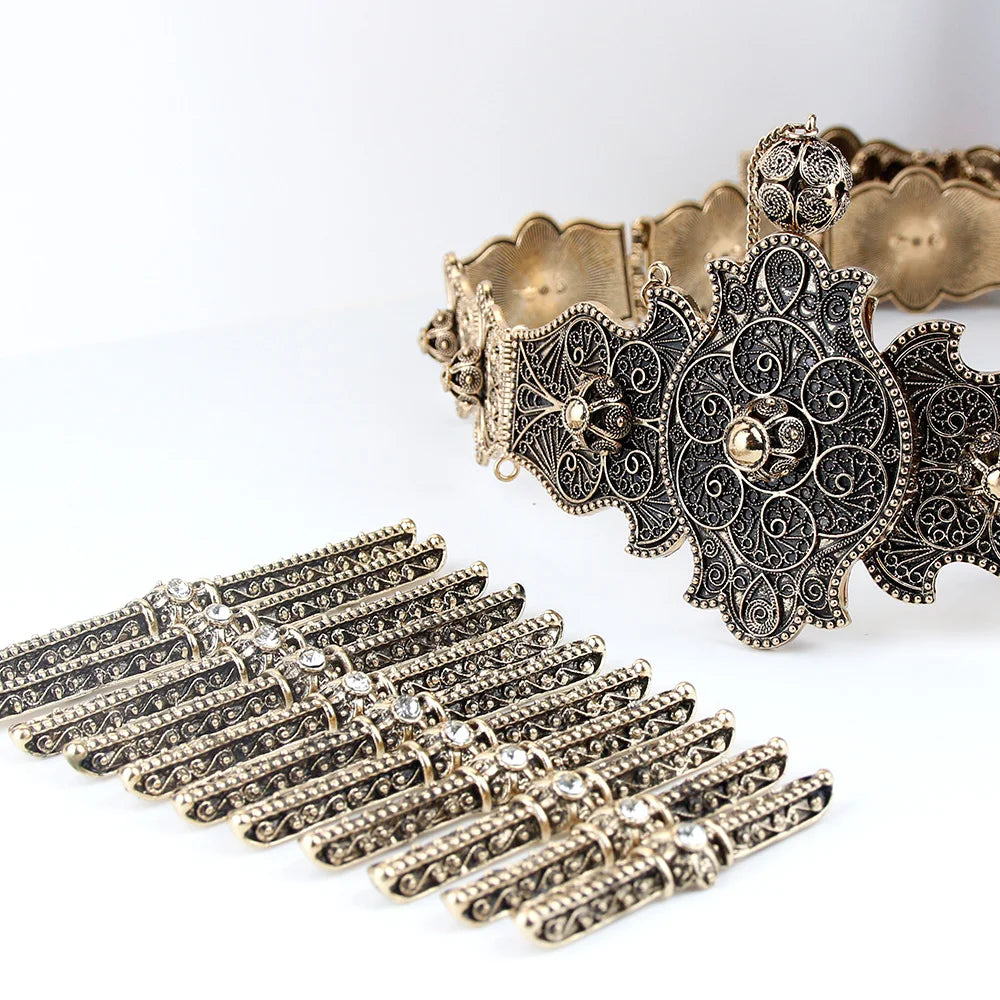 Sunspicems Caucasus Bride Jewelry Women Belt Breastplate Sets Antique Gold Color Wedding Dress Belt Bibs Turkish Robe Bijoux