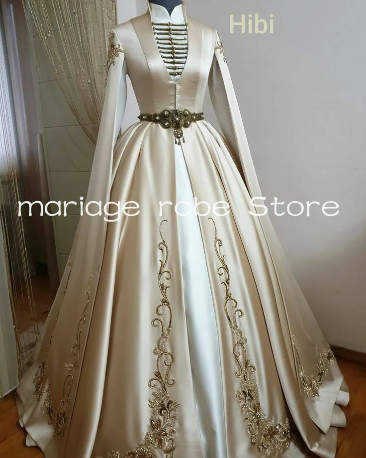 Champagne Hibi Muslim Wedding Dresses Luxury Long Sleeve Cape Embroidery Circassian Chechen Wedding Dresses outfit customsi