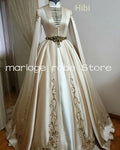 Champagne Hibi Muslim Wedding Dresses Luxury Long Sleeve Cape Embroidery Circassian Chechen Wedding Dresses outfit customsi