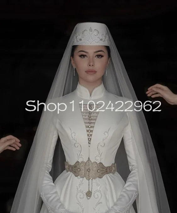 Customized Ingush national Wedding Dresses High Neck Long Sleeve Embroidery Beaded Stain Caucasus Ingushetia Muslim Bridal Gowns