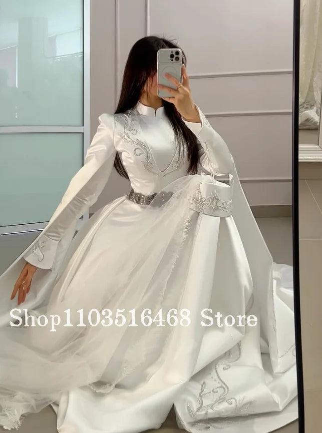Customized White Muslim Wedding Dress Beaded Islamic Bridal Gown Formal Evening Gown Engagement Dress Turkish Kaftans Arabic2026