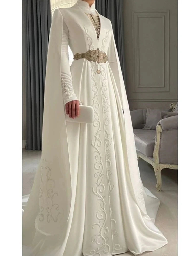 Ossetian National Embroidered Muslim Wedding Dresses Cape Long Sleeves High Neck customsized  Bride Gown arabic dubai Gelinlik