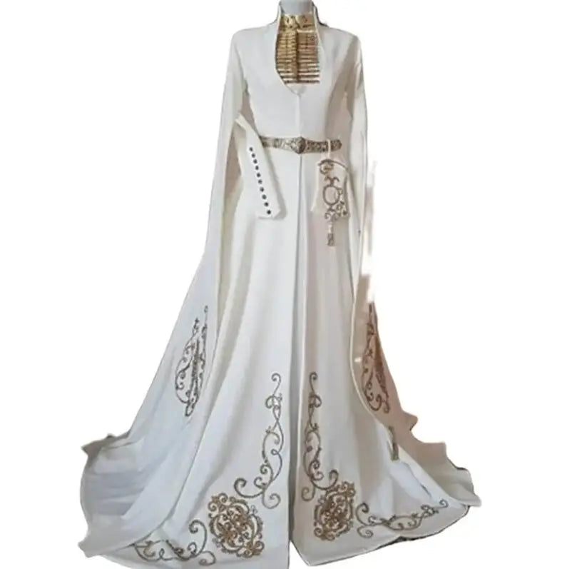 Traditional Caucasus caftan wedding dress for women customsized Gold Embroidery High Neck Muslim long sleeve cape bridal gowns