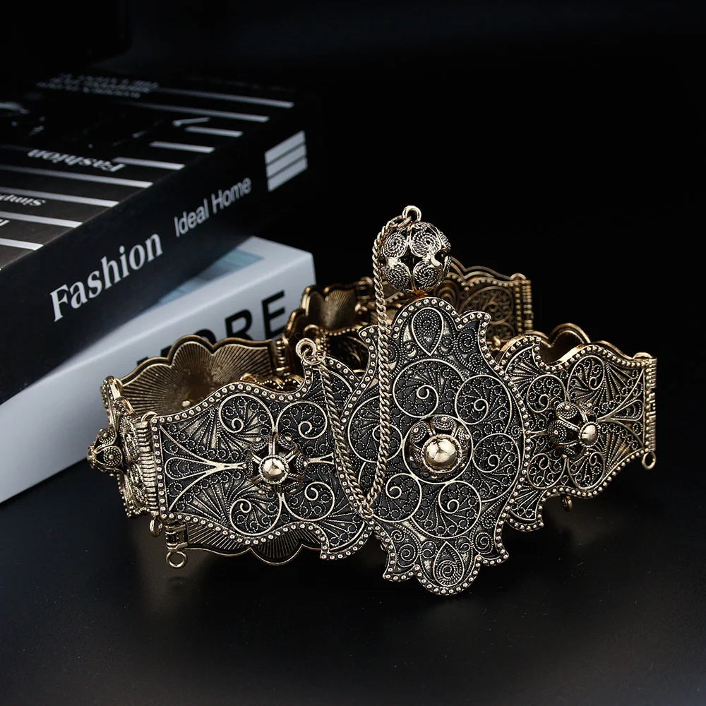 Sunspicems Caucasus Bride Jewelry Women Belt Breastplate Sets Antique Gold Color Wedding Dress Belt Bibs Turkish Robe Bijoux
