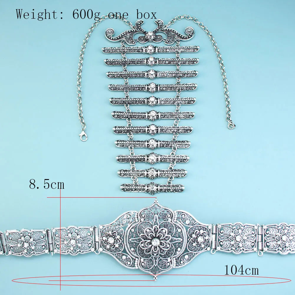 Sunspicems Retro Silver Color Caucasus Women Belt Breastplate Bridal Jewelry Sets Turkish Dress Belt Waist Chain Adjustable