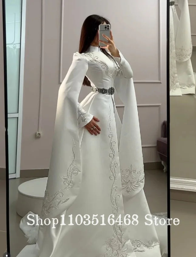 Customized White Muslim Wedding Dress Beaded Islamic Bridal Gown Formal Evening Gown Engagement Dress Turkish Kaftans Arabic2026