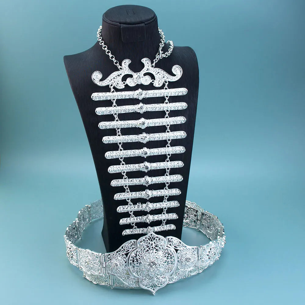 Sunspicems Retro Silver Color Caucasus Women Belt Breastplate Bridal Jewelry Sets Turkish Dress Belt Waist Chain Adjustable