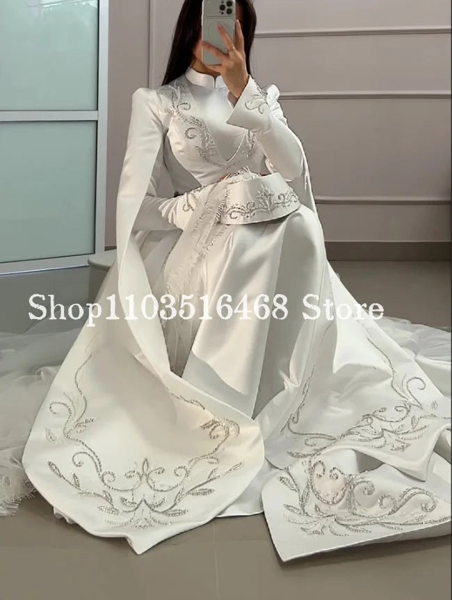 Customized White Muslim Wedding Dress Beaded Islamic Bridal Gown Formal Evening Gown Engagement Dress Turkish Kaftans Arabic2026