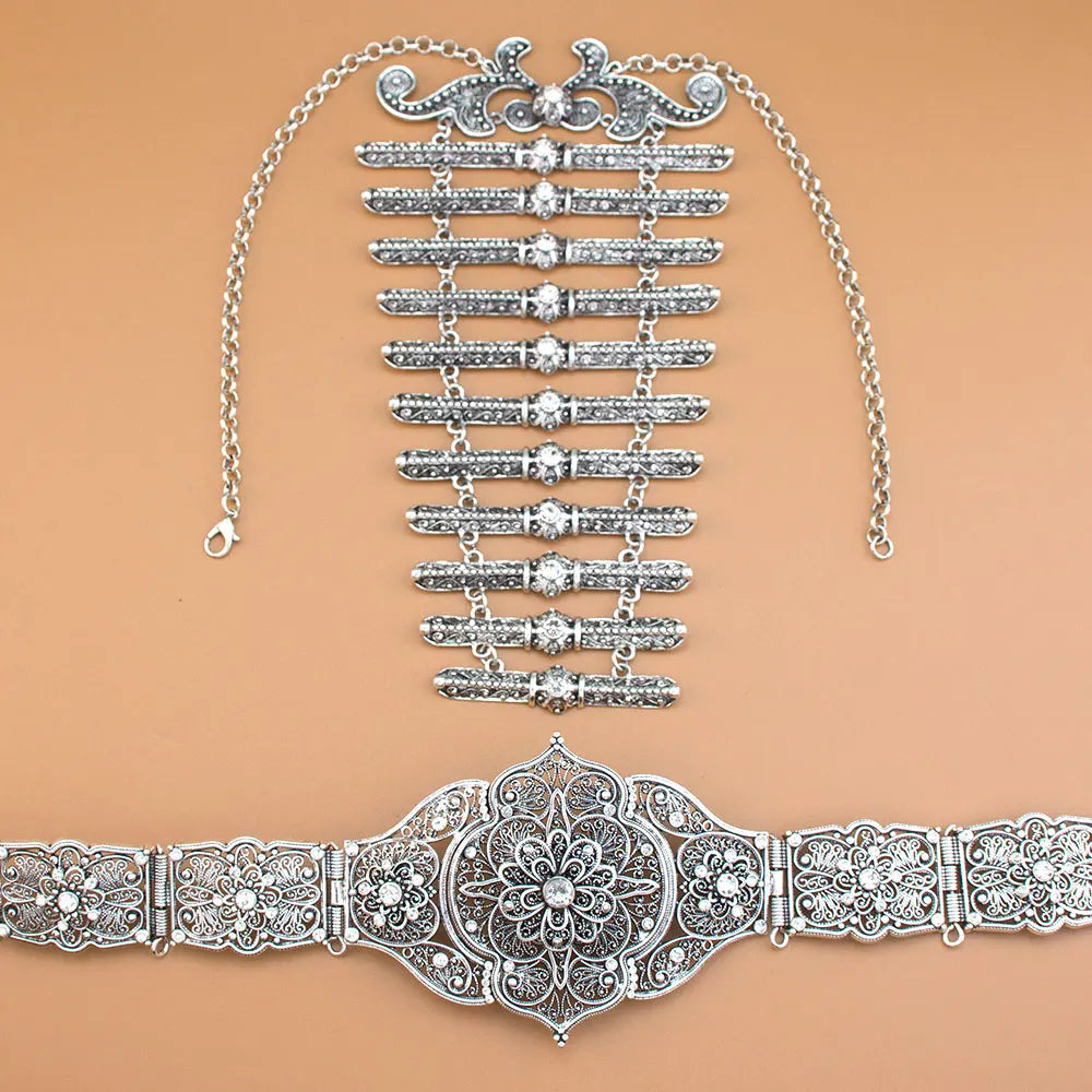 Sunspicems Retro Silver Color Caucasus Women Belt Breastplate Bridal Jewelry Sets Turkish Dress Belt Waist Chain Adjustable