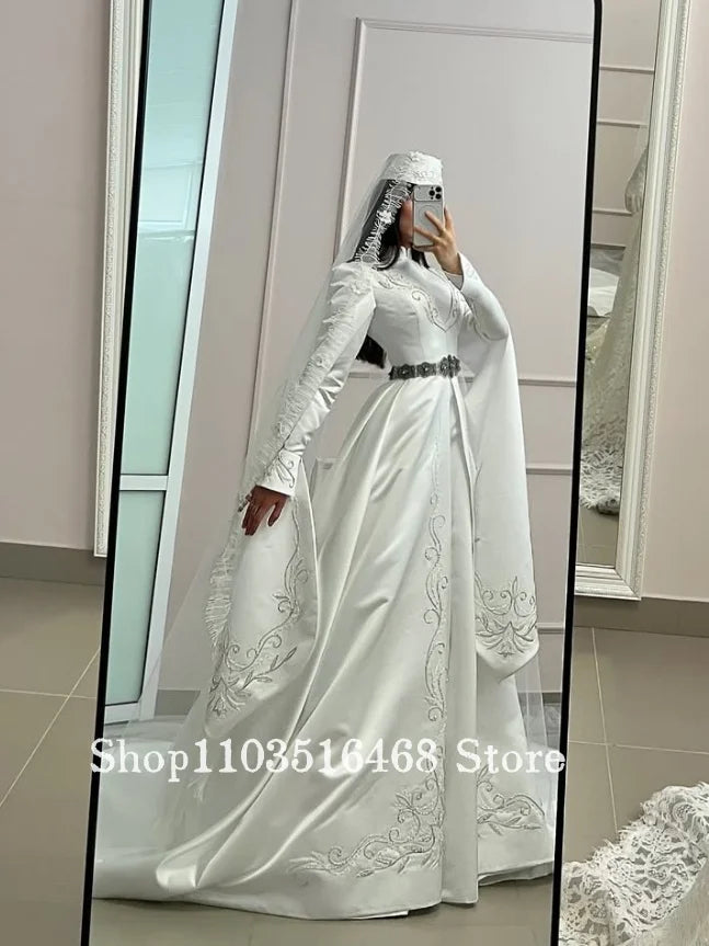 Customized White Muslim Wedding Dress Beaded Islamic Bridal Gown Formal Evening Gown Engagement Dress Turkish Kaftans Arabic2026