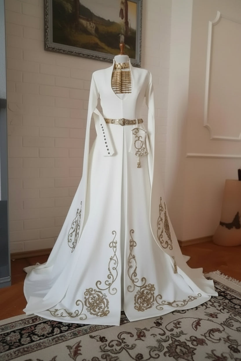 Traditional Caucasus caftan wedding dress for women customsized Gold Embroidery High Neck Muslim long sleeve cape bridal gowns