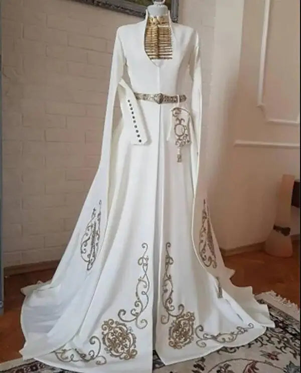 Traditional Caucasus caftan wedding dress for women customsized Gold Embroidery High Neck Muslim long sleeve cape bridal gowns