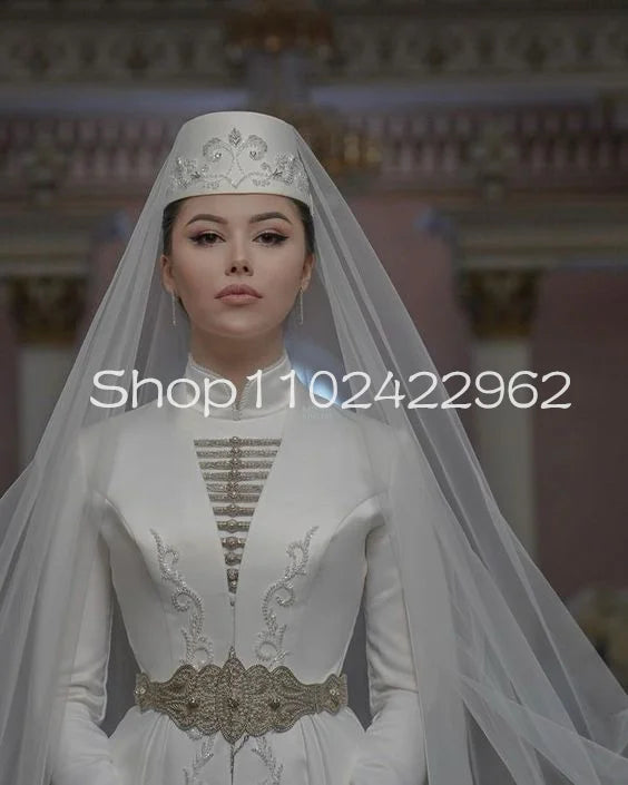 Customized Ingush national Wedding Dresses High Neck Long Sleeve Embroidery Beaded Stain Caucasus Ingushetia Muslim Bridal Gowns