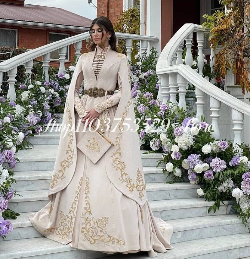Khaki Muslim Wedding Dresses Long Sleeve Split Luxury Embroidered Applique High Neck Arabian Bridal Gowns Ethnic Wedding Custom