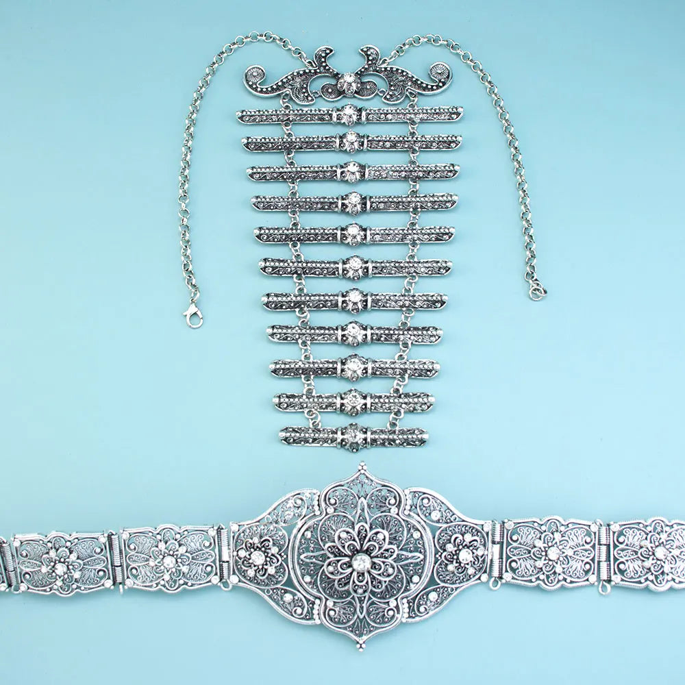 Sunspicems Retro Silver Color Caucasus Women Belt Breastplate Bridal Jewelry Sets Turkish Dress Belt Waist Chain Adjustable