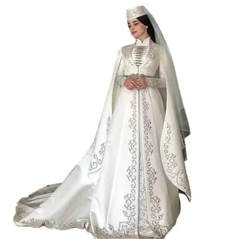 Customized  Caucasus Circassian Wedding Dress Long Sleeves Capped Embroidery Beaded Satin muslim caftan Bridal Gowns High Neck