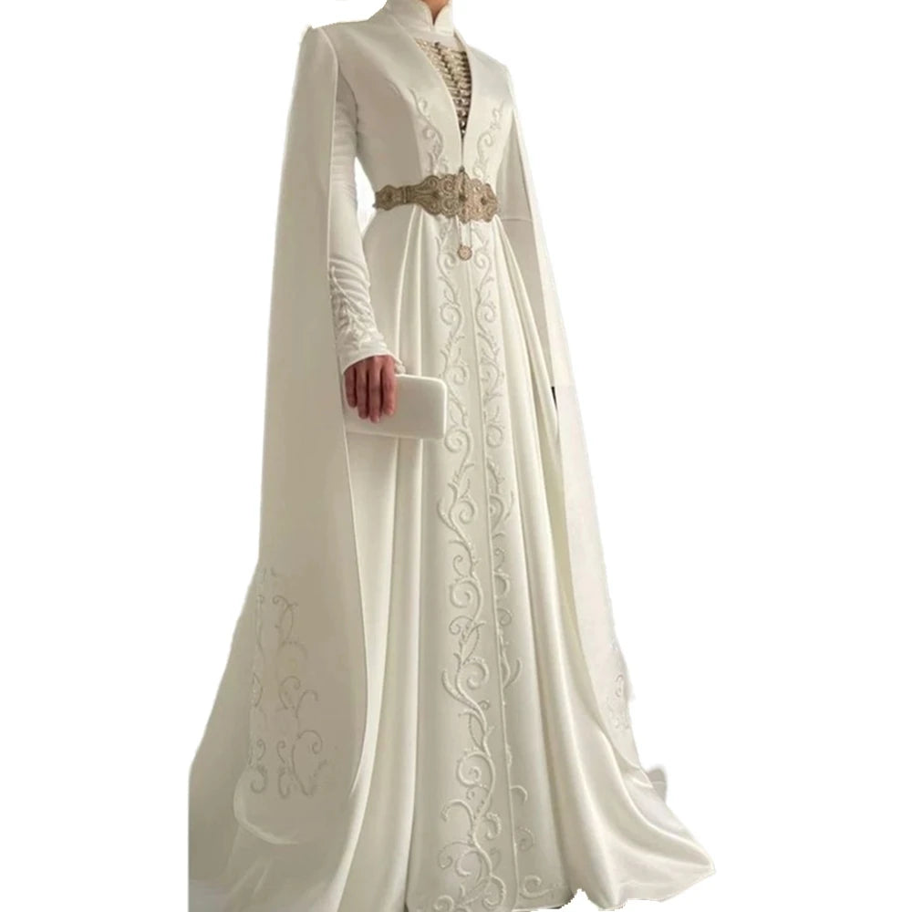 Ossetian National Embroidered Muslim Wedding Dresses Cape Long Sleeves High Neck customsized  Bride Gown arabic dubai Gelinlik